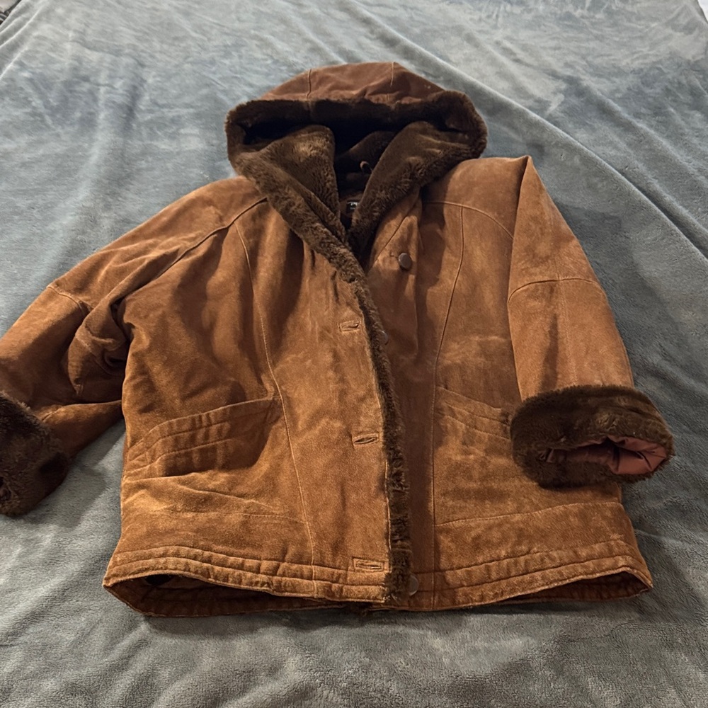 Brown Suede Hooded Jacket with Fur Trim